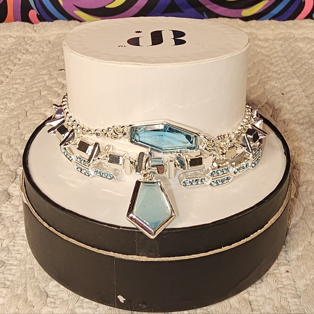 Statement Silver-Tone Necklace with Aqua Blue Gem Accents